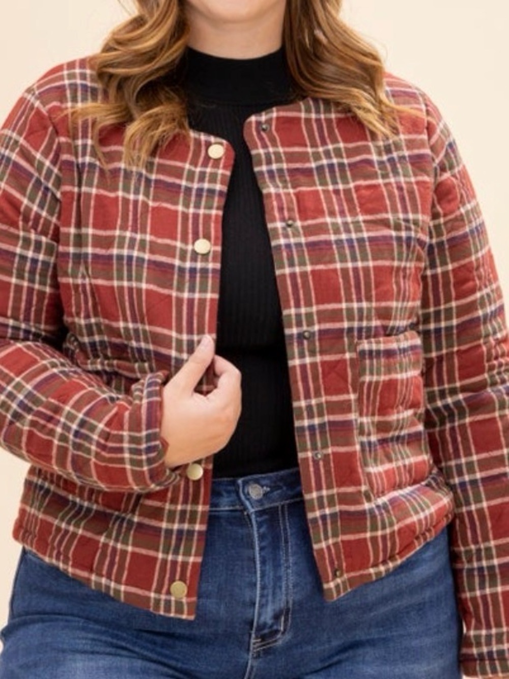 Hem & Thread Burnt Orange Round Neck Snap Button, Plaid Quilted Jacket. Medium.